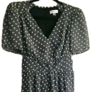 Calvin Klein  Dress Womens Size 4 Puffed Short Sleeve Maxi Vneck New Black White